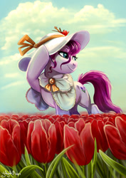 Size: 693x980 | Tagged: safe, artist:yulyeen, oc, oc only, earth pony, pony, cloud, cottagecore, female, flower, hat, lidded eyes, mare, netherlands, ponycon holland, smiling, solo, sun hat, tulip
