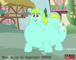 Size: 1400x1108 | Tagged: safe, artist:greatlizardx, whoa nelly, pony, unicorn, g4, adorafatty, chubby cheeks, cute, fat, female, happy, mare, obese, open mouth, open smile, ponyville, positive body image, redesign, smiling, solo, whoa nellybetes