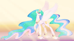 Size: 1280x704 | Tagged: safe, artist:traveleraoi, princess celestia, alicorn, pony, g4, crepuscular rays, female, solo, spread wings, wings