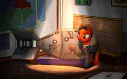 Size: 2000x1245 | Tagged: safe, artist:uteuk, oc, oc only, earth pony, pony, equestria at war mod, atomic bomb, chalkboard, clock, doomsday clock, equation, indoors, looking at something, male, map, nuclear physics, nuclear weapon, ponified, raised hoof, solo, spotlight, stallion, stalliongrad, weapon