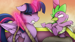 Size: 1920x1080 | Tagged: safe, artist:thelifeoncl0ud9, spike, twilight sparkle, alicorn, dragon, pony, fanfic:history repeats, g4, duo, eyes closed, female, glowing, glowing horn, gritted teeth, horn, hot air balloon, magic, male, telekinesis, twilight sparkle (alicorn)