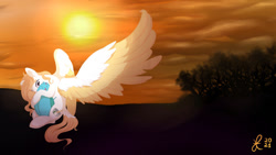 Size: 1024x576 | Tagged: safe, artist:hirundoarvensis, oc, oc only, oc:arvensis, beetle, insect, pegasus, pony, female, hug, mare, solo, sunset, wallpaper