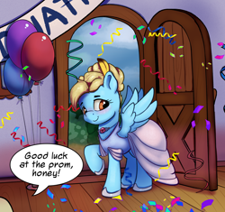 Size: 1946x1830 | Tagged: safe, artist:drafthoof, artist:klemm, derpibooru exclusive, oc, oc only, oc:brave blossom, pegasus, pony, fanfic:yellow feathers, balloon, clothes, confetti, door, dress, solo, text bubbles