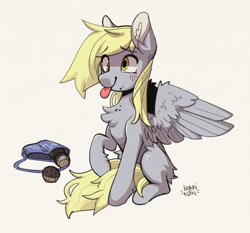 Size: 1349x1258 | Tagged: safe, artist:ashtodusk, derpy hooves, pegasus, pony, g4, :p, bag, blushing, chest fluff, cute, derpabetes, food, muffin, simple background, solo, spread wings, tongue out, white background, wings