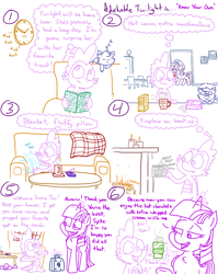 Size: 4779x6013 | Tagged: safe, artist:adorkabletwilightandfriends, spike, starlight glimmer, twilight sparkle, oc, oc:pinenut, alicorn, cat, dragon, pony, unicorn, comic:adorkable twilight and friends, g4, adorkable, adorkable twilight, briefcase, candle, chest fluff, chocolate, clock, comic, couch, cute, cute little fangs, dork, family, fangs, female, fire, fireplace, food, glimmerbetes, glowing, glowing horn, happiness, happy, horn, hot chocolate, kindness, kitchen, kitten, levitation, living room, love, magazine, magic, magic aura, male, mare, marshmallow, nom, pet, pillow, pinebetes, preparing, present, reading, sleeping, slice of life, smiling, spikabetes, telekinesis, twiabetes, twilight sparkle (alicorn), whipped cream, yogurt