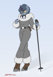 Size: 2600x3800 | Tagged: safe, artist:sneetymist, oc, oc only, oc:winter peak, kirin, anthro, belt, blood, blood trail, boots, clothes, female, fluffy, fur coat, fur collar, goggles, high res, hiking boots, hiking stick, jacket, kirin oc, mare, no pupils, no tail, onesie, parka, shoes, solo, uniform, winter outfit