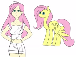 Size: 2048x1537 | Tagged: safe, artist:xwosya, fluttershy, human, pegasus, pony, g4, breasts, busty fluttershy, cleavage, clothes, female, hands behind back, human ponidox, humanized, mare, midriff, self ponidox, shorts, simple background, sketch, sleeveless, solo, white background