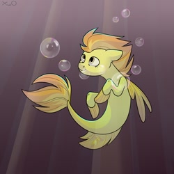 Size: 1080x1080 | Tagged: safe, artist:xwosya, spitfire, pegasus, pony, seapony (g4), g4, bubble, crepuscular rays, dorsal fin, female, fin wings, fins, fish tail, flowing tail, looking up, ocean, orange mane, seaponified, smiling, solo, species swap, swimming, tail, underwater, water, wings, yellow eyes