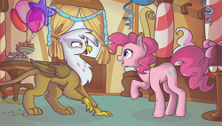 Size: 3000x1700 | Tagged: safe, artist:xwosya, gilda, pinkie pie, earth pony, griffon, pony, g4, griffon the brush off, balloon, duo, female, looking at each other, mare, party balloon, raised hoof, scene interpretation, snacks, streamers