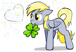 Size: 1280x874 | Tagged: safe, artist:sallycars, derpy hooves, pegasus, pony, g4, clover, dialogue, female, four leaf clover, heart, mare, ms paint, simple background, solo, white background
