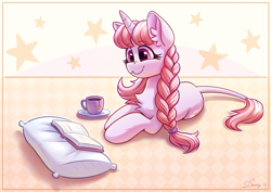 Size: 3508x2480 | Tagged: safe, artist:dandy, pony, unicorn, book, braid, commission, cup, female, high res, lying down, mare, pillow, reading, smiling, solo, teacup