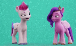 Size: 480x292 | Tagged: safe, edit, edited screencap, screencap, pipp petals, zipp storm, pegasus, pony, g5, my little pony: a new generation, spoiler:my little pony: a new generation, (you), 4chan, animated, cartoon physics, eyebrows, female, folded wings, gif, hammerspace, hammerspace wings, hoof hold, mare, purple mane, purple tail, royal sisters (g5), siblings, sisters, standing, tail, trotting, trotting in place, unshorn fetlocks, wings