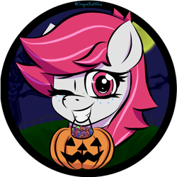 Size: 4160x4160 | Tagged: safe, artist:sugardotxtra, oc, oc only, oc:sugar dot, candy, commission, food, halloween, holiday, looking at you, one eye closed, pumpkin, wink, winking at you, ych result