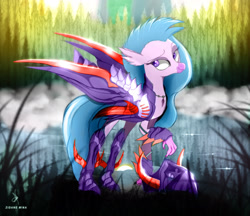 Size: 1768x1531 | Tagged: safe, alternate version, artist:zidanemina, silverstream, hippogriff, g4, armor, crossover, forest, lake, looking sideways, mount aris, saint seiya, smiling, solo