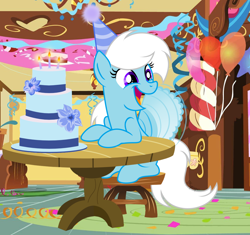 Size: 1300x1224 | Tagged: safe, artist:feather_bloom, oc, oc only, oc:feather bloom(fb), oc:feather_bloom, pegasus, pony, birthday, birthday cake, cake, candle, cute, female, food, happy, mare, show accurate, sitting, smiling, solo, stool, sugarcube corner, table, weapons-grade cute, wings flapping