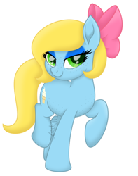 Size: 512x651 | Tagged: safe, artist:feather_bloom, oc, oc only, oc:sugar sweet, earth pony, pony, bow, bowtie, cute, earth pony oc, eyelashes, female, hair bow, lidded eyes, looking at you, mare, raised hoof, shading, simple background, smiling, smiling at you, smirk, solo, standing on two hooves, white background, yellow hair