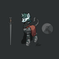 Size: 3000x3000 | Tagged: safe, artist:pencilprony, oc, oc only, oc:aquaria lance, pony, unicorn, fallout equestria, armor, cape, clothes, high res, power armor, shield, solo, sword, weapon