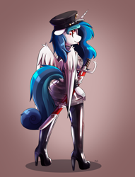 Size: 910x1190 | Tagged: safe, artist:tikrs007, oc, oc only, oc:praetorian themis, alicorn, anthro, :p, alicorn oc, boots, clothes, colored pupils, commission, eyebrows, eyebrows visible through hair, female, floppy ears, folded wings, gradient background, heeled boots, high heel boots, horn, latex, latex boots, latex clothes, looking at you, looking back, looking back at you, shiny, shoes, solo, sword, tail, thigh boots, tongue out, uniform, weapon, wings