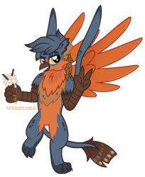 Size: 817x1000 | Tagged: safe, artist:jennieoo, oc, oc only, oc:sparrow, griffon, food, griffon oc, ice cream, lidded eyes, looking at you, male, show accurate, simple background, smiling, smiling at you, solo, spread wings, transparent background, vector, walking, wings