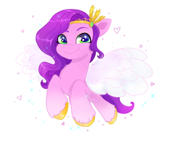 Size: 2474x2048 | Tagged: safe, artist:saphypone, pipp petals, pegasus, pony, g5, my little pony: a new generation, adorapipp, coat markings, colored hooves, colored wings, cute, daaaaaaaaaaaw, diadem, eyebrows, female, flying, gold hooves, happy, high res, hooves, jewelry, looking at you, mare, regalia, simple background, smiling, smiling at you, socks (coat markings), spread wings, tiara, unshorn fetlocks, white background, wings