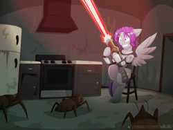Size: 1600x1200 | Tagged: safe, artist:willoillo, oc, oc only, oc:morning glory (project horizons), cockroach, insect, pegasus, pony, radroach, fallout equestria, fallout equestria: project horizons, clothes, commission, energy weapon, fallout, fanfic art, laser rifle, pegasus oc, uniform, weapon