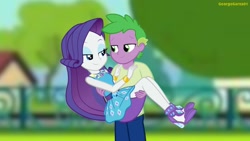 Size: 3640x2048 | Tagged: safe, artist:georgegarza01, rarity, spike, equestria girls, g4, bedroom eyes, bridal carry, carrying, clothes, duo, female, high res, human spike, lidded eyes, looking at each other, love, male, rarity peplum dress, ship:sparity, shipping, show accurate, straight