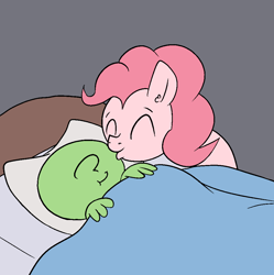 Size: 1000x1005 | Tagged: safe, artist:happy harvey, pinkie pie, oc, oc:anon, earth pony, human, pony, g4, bed, blanket, comfy, cute, drawthread, ear fluff, eyes closed, female, goodnight kiss, in bed, kissing, lying down, male, phone drawing, pillow