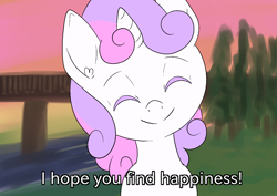 Size: 1414x1000 | Tagged: safe, artist:happy harvey, sweetie belle, pony, unicorn, g4, bridge, cute, dialogue, ear fluff, eyes closed, female, filly, looking at you, phone drawing, ponified, river, smiling, smiling at you, solo, sunset, tree