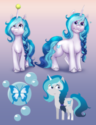 Size: 2581x3354 | Tagged: safe, artist:askbubblelee, oc, oc only, oc:bubble lee, pony, unicorn, g5, my little pony: a new generation, ball, digital art, female, freckles, frown, gradient background, grin, high res, horn, mare, not izzy moonbow, pointy ponies, smiling, solo, style emulation, tennis ball, unicorn oc