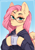 Size: 2894x4093 | Tagged: safe, artist:yukomaussi, fluttershy, pegasus, pony, g4, blue background, chocolate, clothes, female, fluttershy is not amused, food, glasses, hoodie, hot chocolate, mare, mug, redraw, simple background, solo, unamused, warm