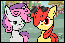 Size: 1500x1000 | Tagged: safe, artist:sugarelement, apple bloom, sweetie belle, earth pony, pony, unicorn, g4, duo, female, filly, glasses