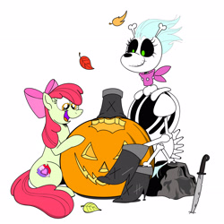 Size: 3472x3472 | Tagged: safe, artist:princebluemoon3, apple bloom, skellinore, earth pony, pony, skeleton pony, g4, the break up breakdown, bone, female, filly, halloween, high res, holiday, knife, pumpkin, skeleton