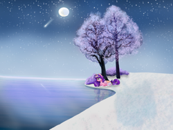 Size: 4032x3024 | Tagged: safe, artist:starsilk, oc, oc only, oc:star silk, pegasus, pony, female, high res, ice, lying down, mare, moon, pastel, pegasus oc, pink, prone, purple, reflection, saudade, scenery, shooting star, snow, solo, swirl hair, thinking, tree, water, yellow