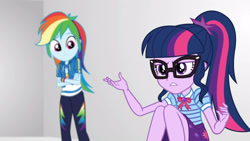 Size: 3410x1920 | Tagged: safe, screencap, rainbow dash, sci-twi, twilight sparkle, equestria girls, equestria girls specials, g4, my little pony equestria girls: better together, my little pony equestria girls: rollercoaster of friendship, bowtie, clothes, crossed arms, cutie mark, cutie mark on clothes, female, geode of super speed, geode of telekinesis, glasses, high res, hoodie, jewelry, magical geodes, necklace, ponytail