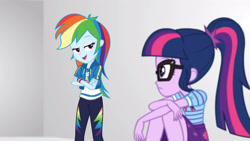 Size: 3410x1920 | Tagged: safe, screencap, rainbow dash, sci-twi, twilight sparkle, equestria girls, equestria girls specials, g4, my little pony equestria girls: better together, my little pony equestria girls: rollercoaster of friendship, bowtie, clothes, crossed arms, cutie mark, cutie mark on clothes, female, geode of super speed, glasses, high res, hoodie, jewelry, magical geodes, necklace, open mouth, open smile, ponytail, smiling