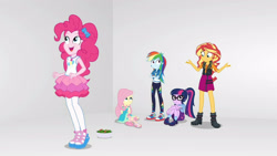 Size: 3410x1920 | Tagged: safe, screencap, fluttershy, pinkie pie, rainbow dash, sci-twi, sunset shimmer, twilight sparkle, equestria girls, equestria girls series, g4, rollercoaster of friendship, bowtie, clothes, converse, cute, cutie mark, cutie mark on clothes, diapinkes, female, geode of empathy, geode of fauna, geode of sugar bombs, geode of super speed, glasses, high res, hoodie, jacket, jewelry, leather, leather jacket, magical geodes, necklace, open mouth, open smile, ponytail, sandals, shoes, smiling, sneakers, tank top