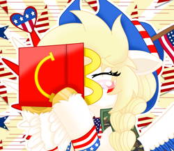Size: 1500x1300 | Tagged: safe, artist:starspangle, oc, oc only, oc:star spangle, pegasus, pony, g5, american flag, blushing, eyes closed, feathered fetlocks, female, flag, floppy ears, happy meal, hat, mare, mcdonald's, nation ponies, pegasus oc, ponified, solo, unshorn fetlocks