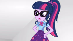 Size: 3410x1920 | Tagged: safe, screencap, sci-twi, twilight sparkle, equestria girls, equestria girls specials, g4, my little pony equestria girls: better together, my little pony equestria girls: rollercoaster of friendship, bowtie, clothes, cutie mark, cutie mark on clothes, female, geode of telekinesis, glasses, hand on hip, high res, jewelry, magical geodes, necklace, open mouth, ponytail, solo