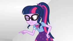 Size: 3410x1920 | Tagged: safe, screencap, sci-twi, twilight sparkle, equestria girls, equestria girls specials, g4, my little pony equestria girls: better together, my little pony equestria girls: rollercoaster of friendship, bowtie, clothes, cute, cutie mark, cutie mark on clothes, female, geode of telekinesis, glasses, high res, jewelry, magical geodes, necklace, one eye closed, ponytail, sci-twiabetes, smiling, solo, twiabetes, wink