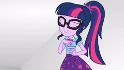 Size: 3410x1920 | Tagged: safe, screencap, sci-twi, twilight sparkle, equestria girls, equestria girls specials, g4, my little pony equestria girls: better together, my little pony equestria girls: rollercoaster of friendship, bowtie, clothes, cutie mark, cutie mark on clothes, eyes closed, female, geode of telekinesis, glasses, high res, jewelry, magical geodes, necklace, ponytail, smiling, solo