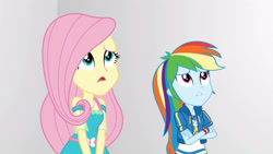 Size: 3410x1920 | Tagged: safe, screencap, fluttershy, rainbow dash, equestria girls, equestria girls specials, g4, my little pony equestria girls: better together, my little pony equestria girls: rollercoaster of friendship, clothes, crossed arms, cutie mark, cutie mark on clothes, female, geode of fauna, geode of super speed, high res, hoodie, jewelry, magical geodes, necklace, open mouth
