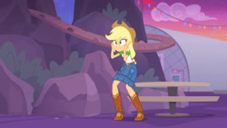 Size: 3410x1920 | Tagged: safe, screencap, applejack, equestria girls, equestria girls series, g4, rollercoaster of friendship, applejack's hat, belt, boots, clothes, cowboy boots, cowboy hat, cutie mark, cutie mark on clothes, denim skirt, female, geode of super strength, hat, high res, jewelry, magical geodes, necklace, shoes, skirt, solo
