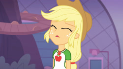 Size: 3410x1920 | Tagged: safe, screencap, applejack, equestria girls, equestria girls series, g4, rollercoaster of friendship, applejack's hat, clothes, cowboy hat, cutie mark, cutie mark on clothes, eyes closed, female, geode of super strength, hat, high res, jewelry, magical geodes, necklace, open mouth, solo