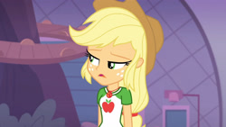 Size: 3410x1920 | Tagged: safe, screencap, applejack, equestria girls, equestria girls series, g4, rollercoaster of friendship, applejack's hat, clothes, cowboy hat, cutie mark, cutie mark on clothes, female, geode of super strength, hat, high res, jewelry, magical geodes, necklace, open mouth, solo