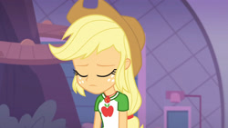 Size: 3410x1920 | Tagged: safe, screencap, applejack, equestria girls, equestria girls series, g4, rollercoaster of friendship, applejack's hat, clothes, cowboy hat, cutie mark, cutie mark on clothes, eyes closed, female, geode of super strength, hat, high res, jewelry, magical geodes, necklace, solo