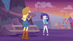 Size: 3410x1920 | Tagged: safe, screencap, applejack, rarity, equestria girls, equestria girls specials, g4, my little pony equestria girls: better together, my little pony equestria girls: rollercoaster of friendship, applejack's hat, belt, boots, bracelet, clothes, cowboy boots, cowboy hat, denim skirt, eyes closed, female, geode of shielding, hairpin, hat, high heels, high res, jewelry, magical geodes, rarity peplum dress, shoes, skirt