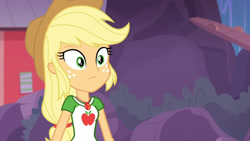 Size: 3410x1920 | Tagged: safe, screencap, applejack, equestria girls, equestria girls specials, g4, my little pony equestria girls: better together, my little pony equestria girls: rollercoaster of friendship, applejack's hat, clothes, cowboy hat, cutie mark, cutie mark on clothes, female, geode of super strength, hat, high res, jewelry, magical geodes, necklace, solo