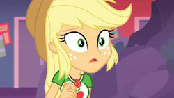 Size: 3410x1920 | Tagged: safe, screencap, applejack, equestria girls, equestria girls specials, g4, my little pony equestria girls: better together, my little pony equestria girls: rollercoaster of friendship, applejack's hat, clothes, cowboy hat, cutie mark, cutie mark on clothes, female, geode of super strength, hat, high res, jewelry, magical geodes, necklace, open mouth, solo