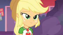 Size: 3410x1920 | Tagged: safe, screencap, applejack, equestria girls, equestria girls specials, g4, my little pony equestria girls: better together, my little pony equestria girls: rollercoaster of friendship, applejack's hat, clothes, cowboy hat, cutie mark, cutie mark on clothes, female, geode of super strength, hat, high res, jewelry, magical geodes, necklace, smiling, solo