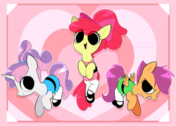 Size: 2423x1739 | Tagged: safe, artist:syrupyyy, apple bloom, scootaloo, sweetie belle, earth pony, pegasus, pony, unicorn, black outlines, blossom (powerpuff girls), bubbles (powerpuff girls), buttercup (powerpuff girls), clothes, cosplay, costume, crossover, cutie mark crusaders, double outline, ponytober, the powerpuff girls, white outline